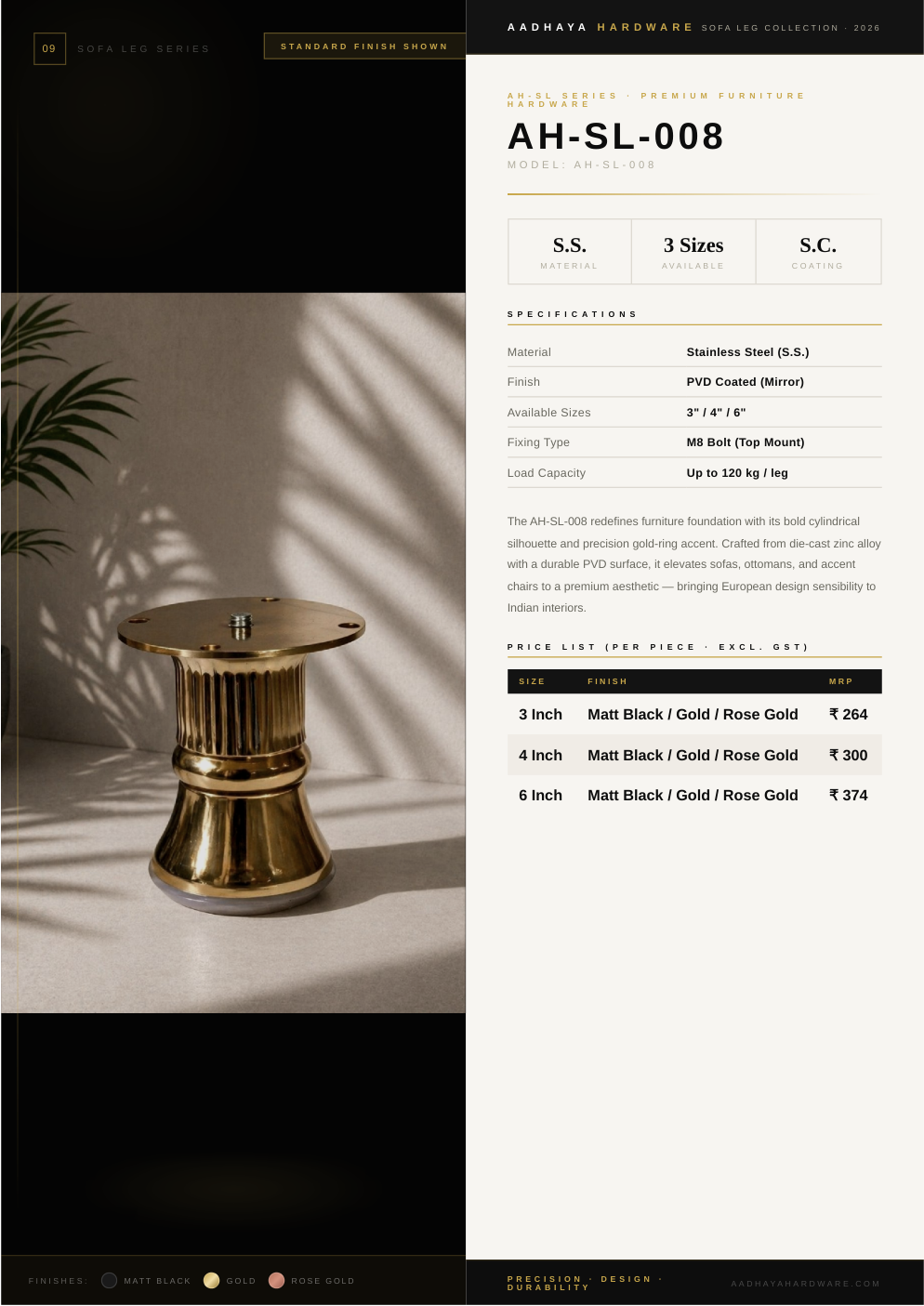 Sofa leg product catalogue page